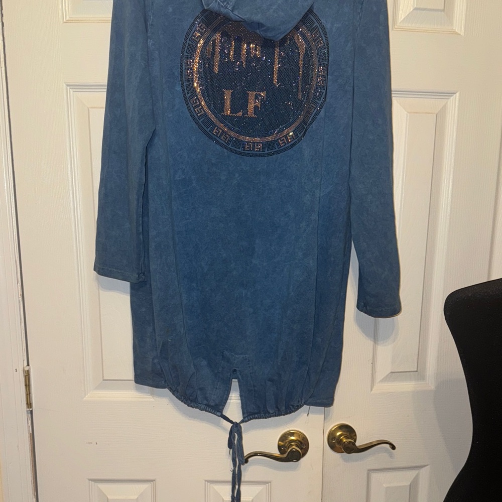Blue Zip-Up Jacket with Rhinestone Design - Picture 11 of 11